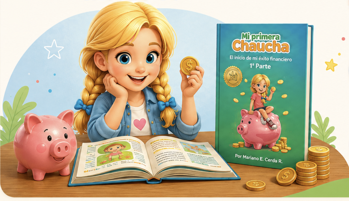 Sofía junto a un libro abierto, su chanchito y Mi Primera Chaucha