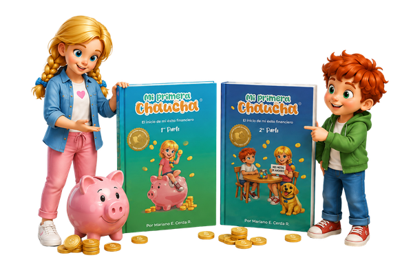 Sofía y un amigo junto a los libros Mi Primera Chaucha